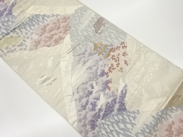 山並に寺院・紅葉・群鶴模様織出し袋帯